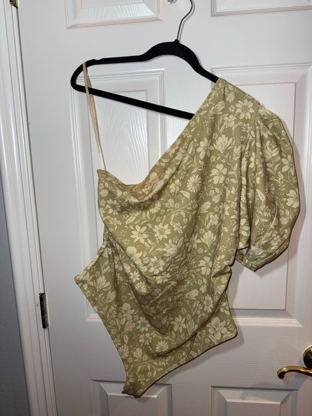 Free People Olive Green Floral One-Shoulder Puff-Sleeve Bodysuit
